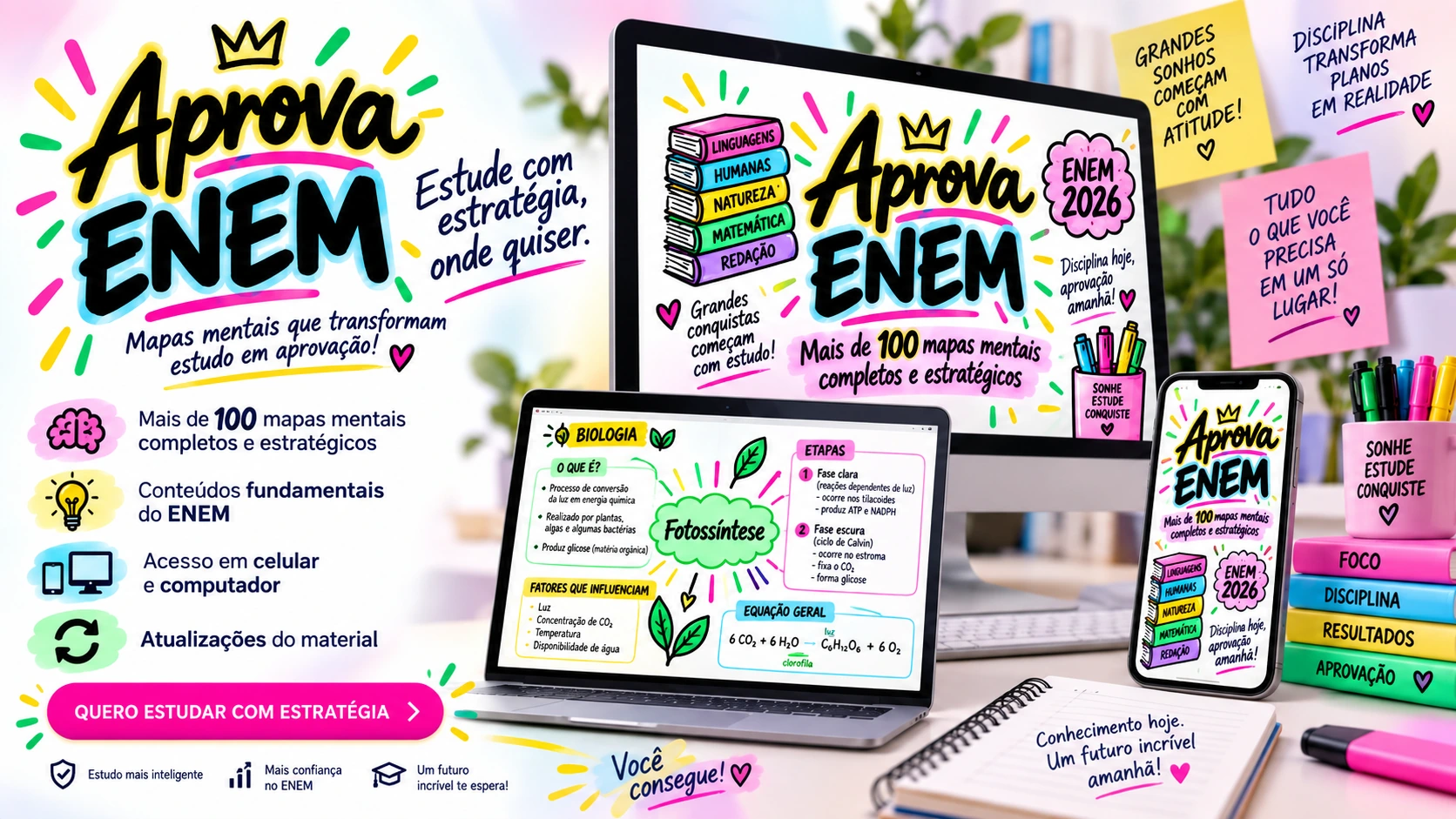 Visual do plano Essencial do Aprova 2026 com mais de 100 mapas mentais