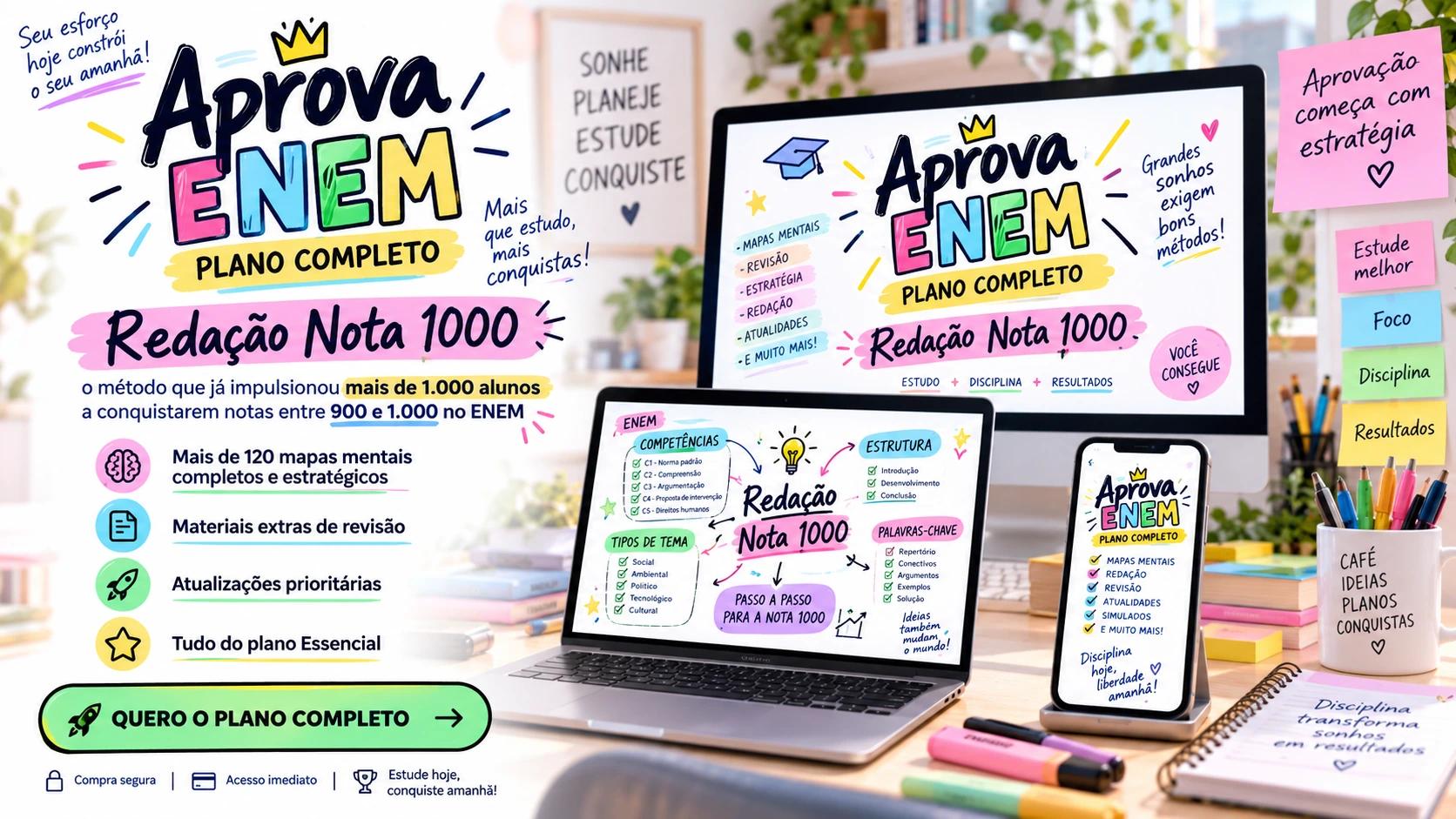 Visual do plano Completo do Aprova 2026 com Redação Nota 1000 e mais de 120 mapas mentais
